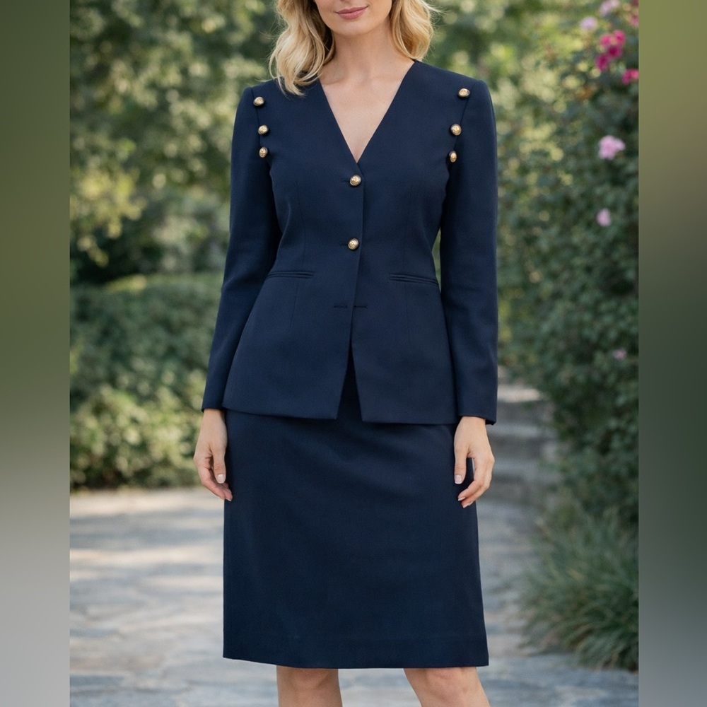 Pierre Balmain Vintage Navy Blue Wool Blazer Skirt Set